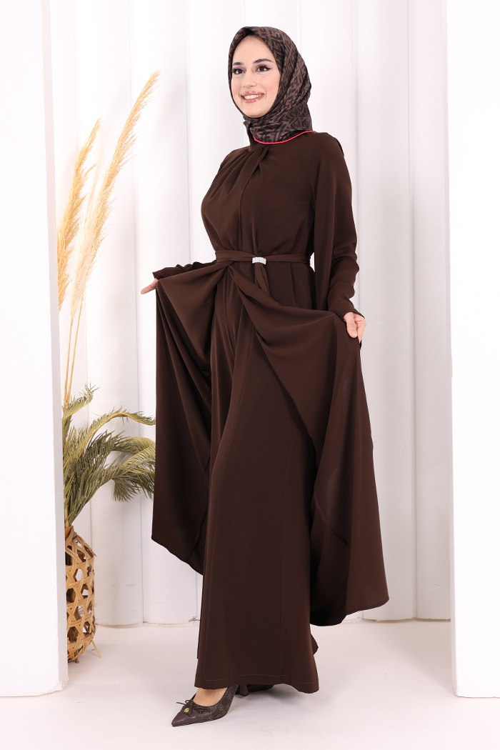 Broş Detaylı Tulum Abaya ve Takım Kahverengi