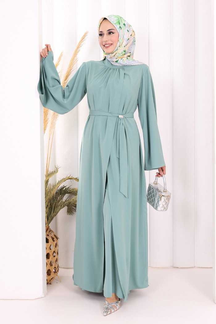 Broş Detaylı Tulum Abaya ve Takım Mint