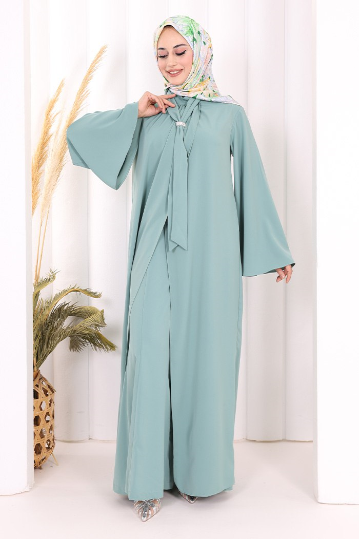 Broş Detaylı Tulum Abaya ve Takım Mint