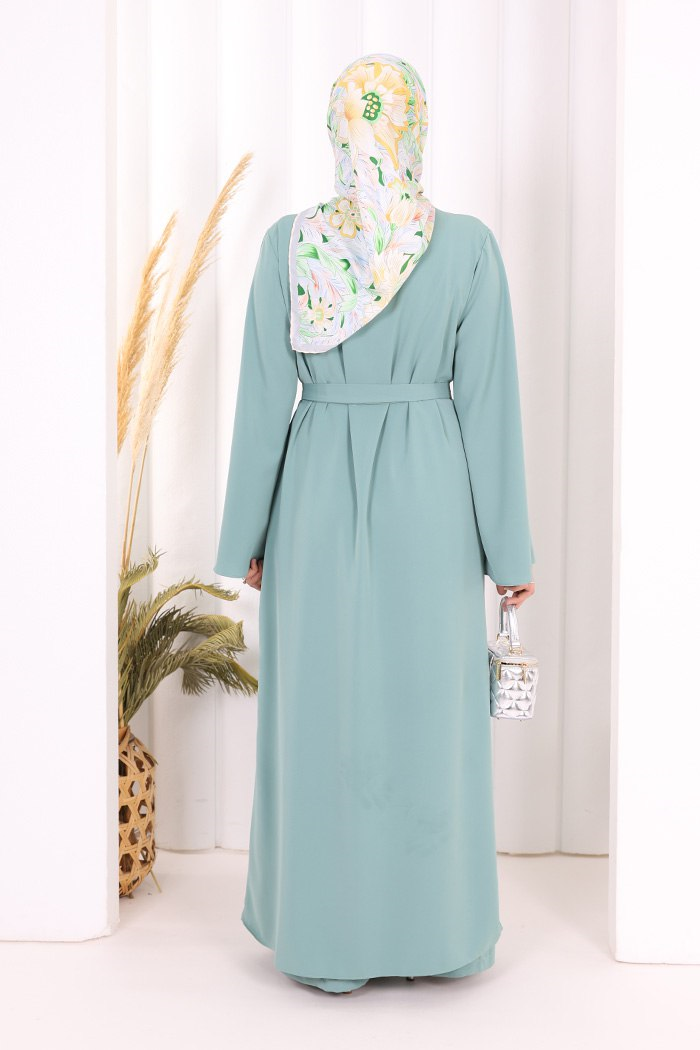 Broş Detaylı Tulum Abaya ve Takım Mint