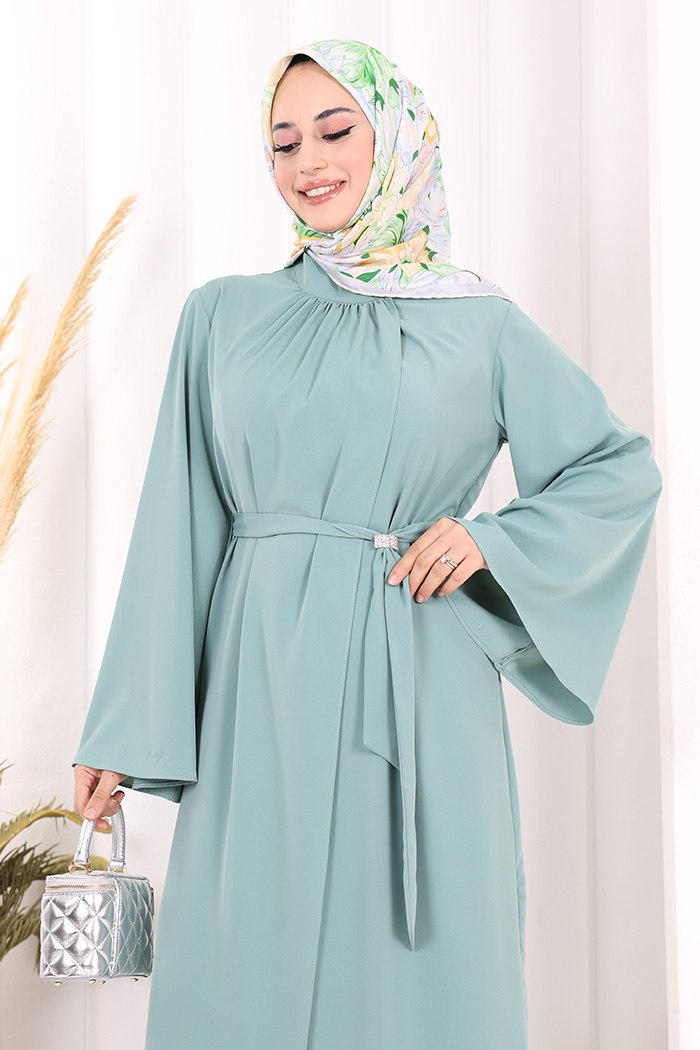 Broş Detaylı Tulum Abaya ve Takım Mint