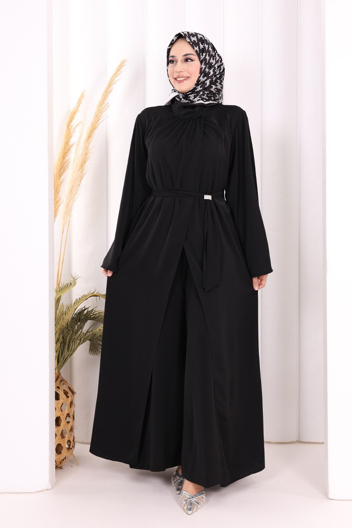 Broş Detaylı Tulum Abaya ve Takım Siyah