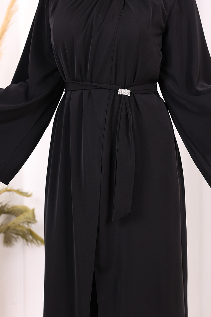 Broş Detaylı Tulum Abaya ve Takım Siyah