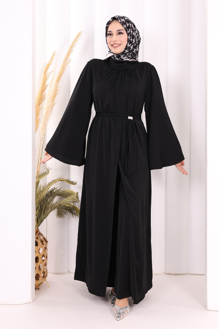 Broş Detaylı Tulum Abaya ve Takım Siyah