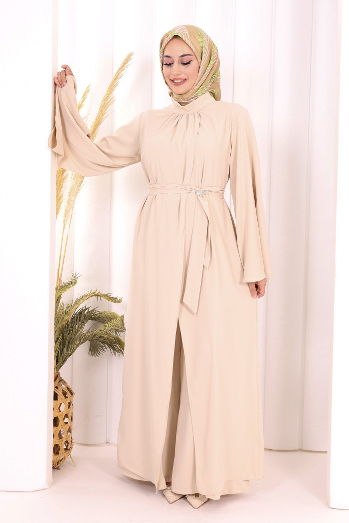 Broş Detaylı Tulum Abaya ve Takım  Taş