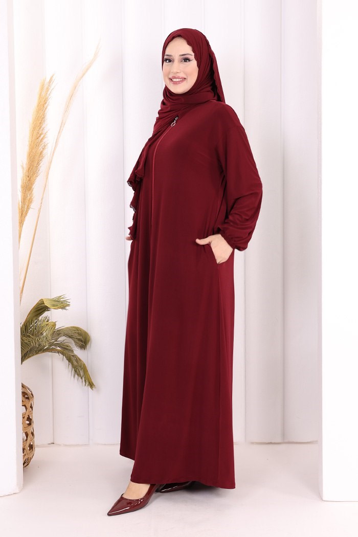 Dantel Detay Şallı Namaz Feracesi Bordo