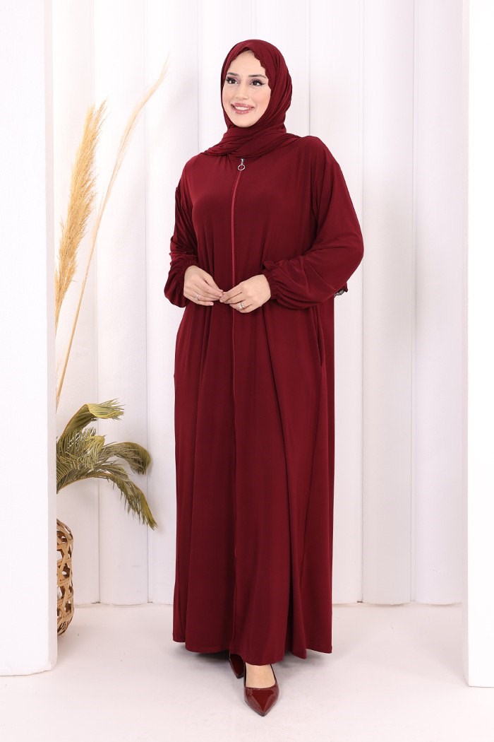 Dantel Detay Şallı Namaz Feracesi Bordo