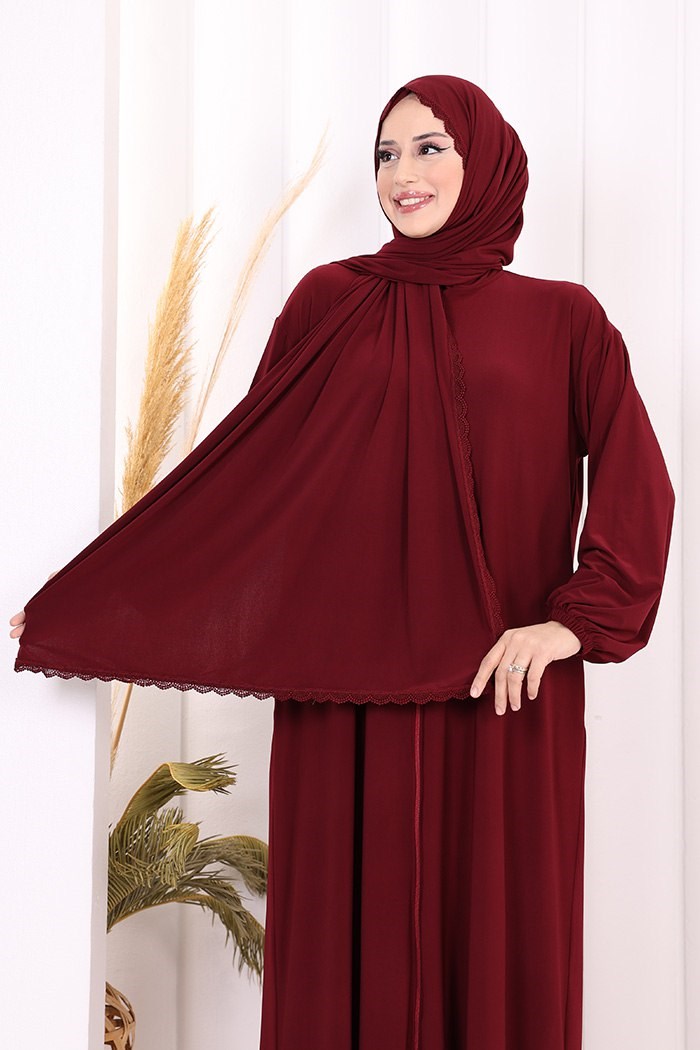Dantel Detay Şallı Namaz Feracesi Bordo