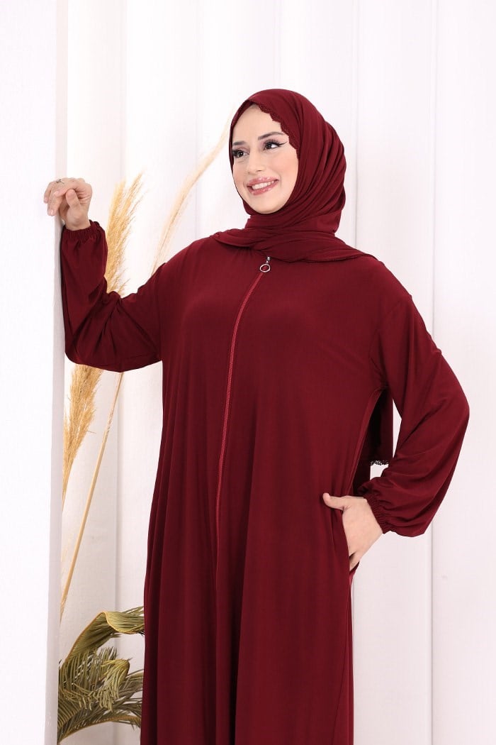 Dantel Detay Şallı Namaz Feracesi Bordo