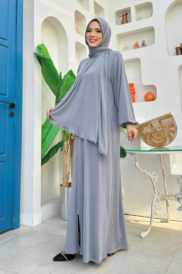 Dantel Detay Şallı Namaz Feracesi Gri