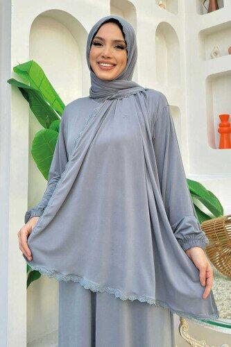 Dantel Detay Şallı Namaz Feracesi Gri