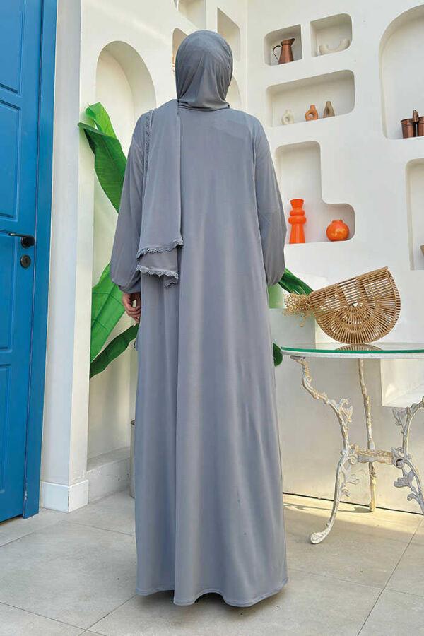 Dantel Detay Şallı Namaz Feracesi Gri