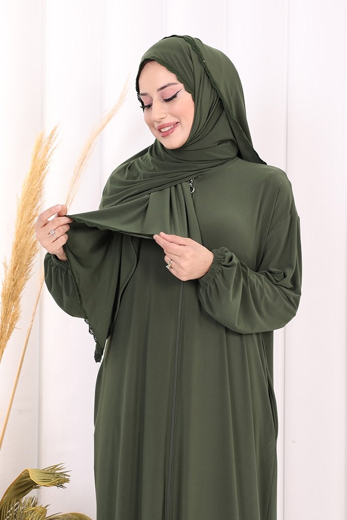 Dantel Detay Şallı Namaz Feracesi Haki