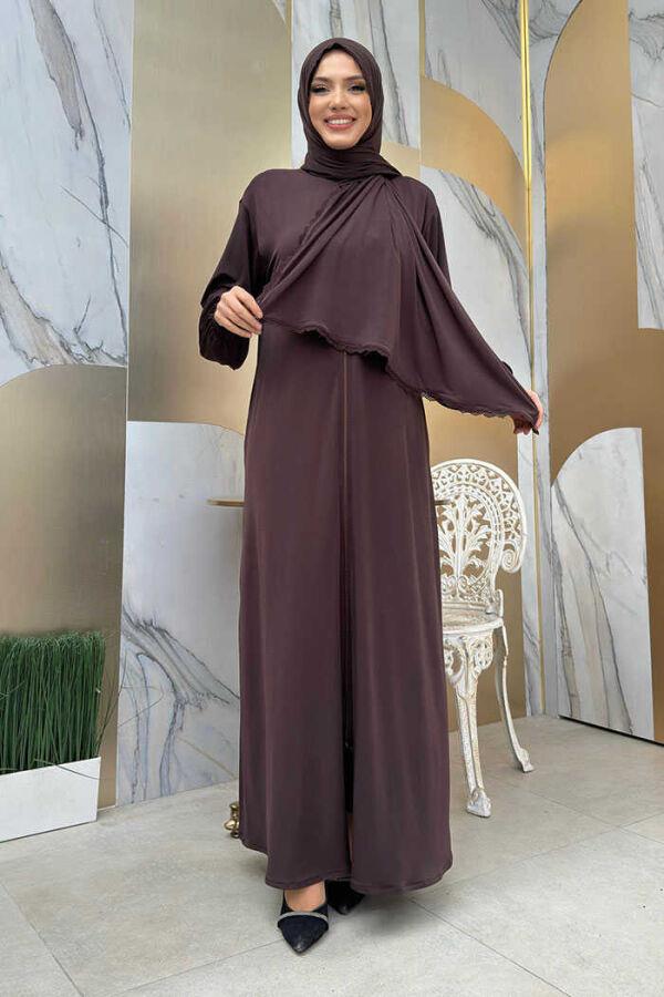 Dantel Detay Şallı Namaz Feracesi Kahverengi 