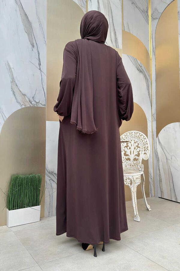 Dantel Detay Şallı Namaz Feracesi Kahverengi 