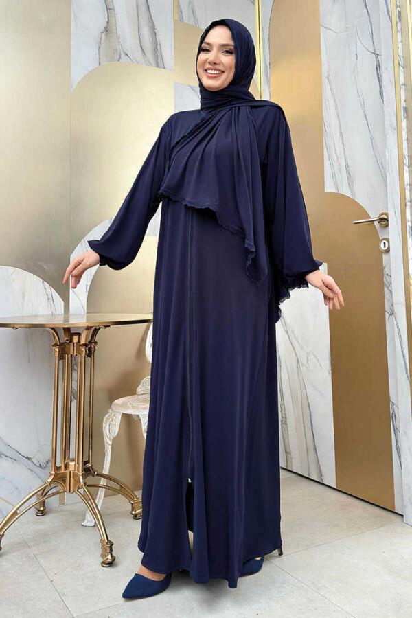 Dantel Detay Şallı Namaz Feracesi Lacivert