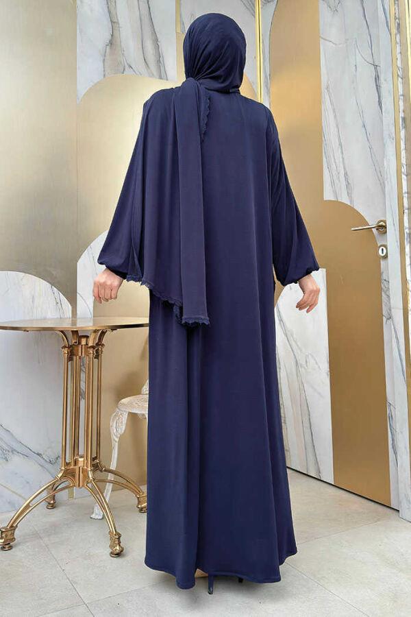 Dantel Detay Şallı Namaz Feracesi Lacivert