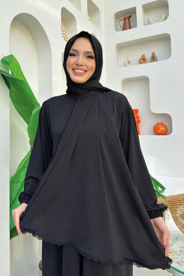 Dantel Detay Şallı Namaz Feracesi Siyah