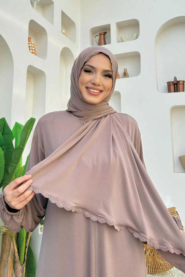 Dantel Detay Şallı Namaz Feracesi Vizon