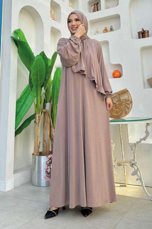 Dantel Detay Şallı Namaz Feracesi Vizon