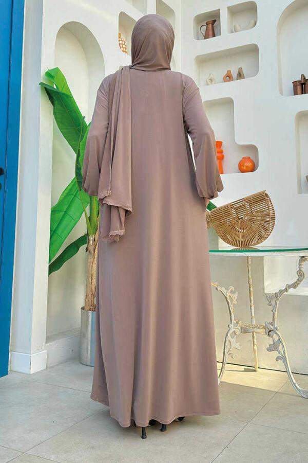 Dantel Detay Şallı Namaz Feracesi Vizon