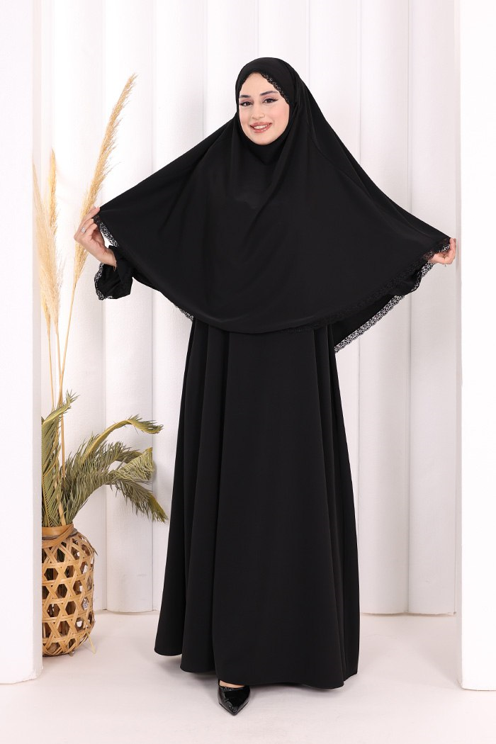 Dantelli Sufleli Elbise Siyah