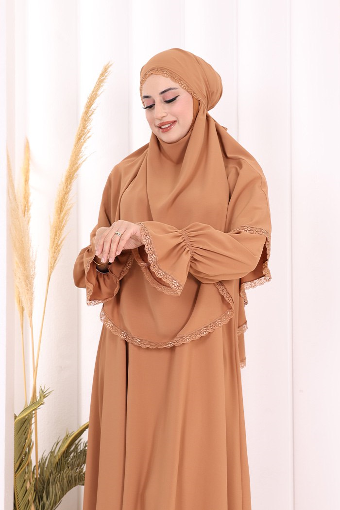 Dantelli Sufleli Elbise Taba