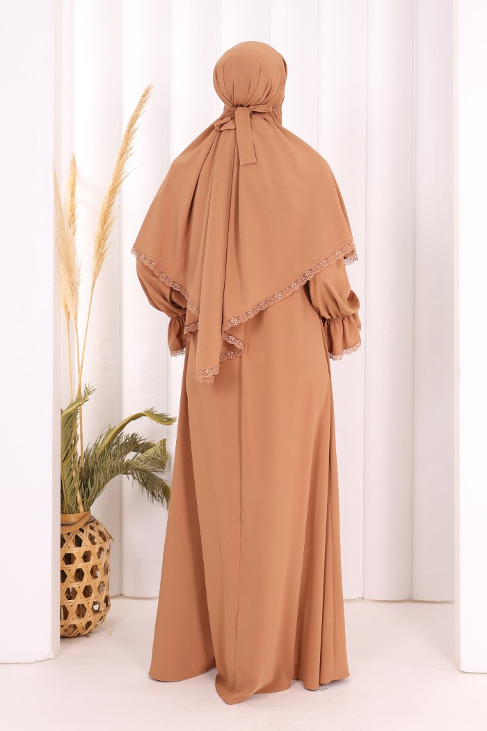 Dantelli Sufleli Elbise Taba