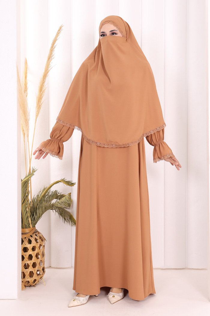 Dantelli Sufleli Elbise Taba