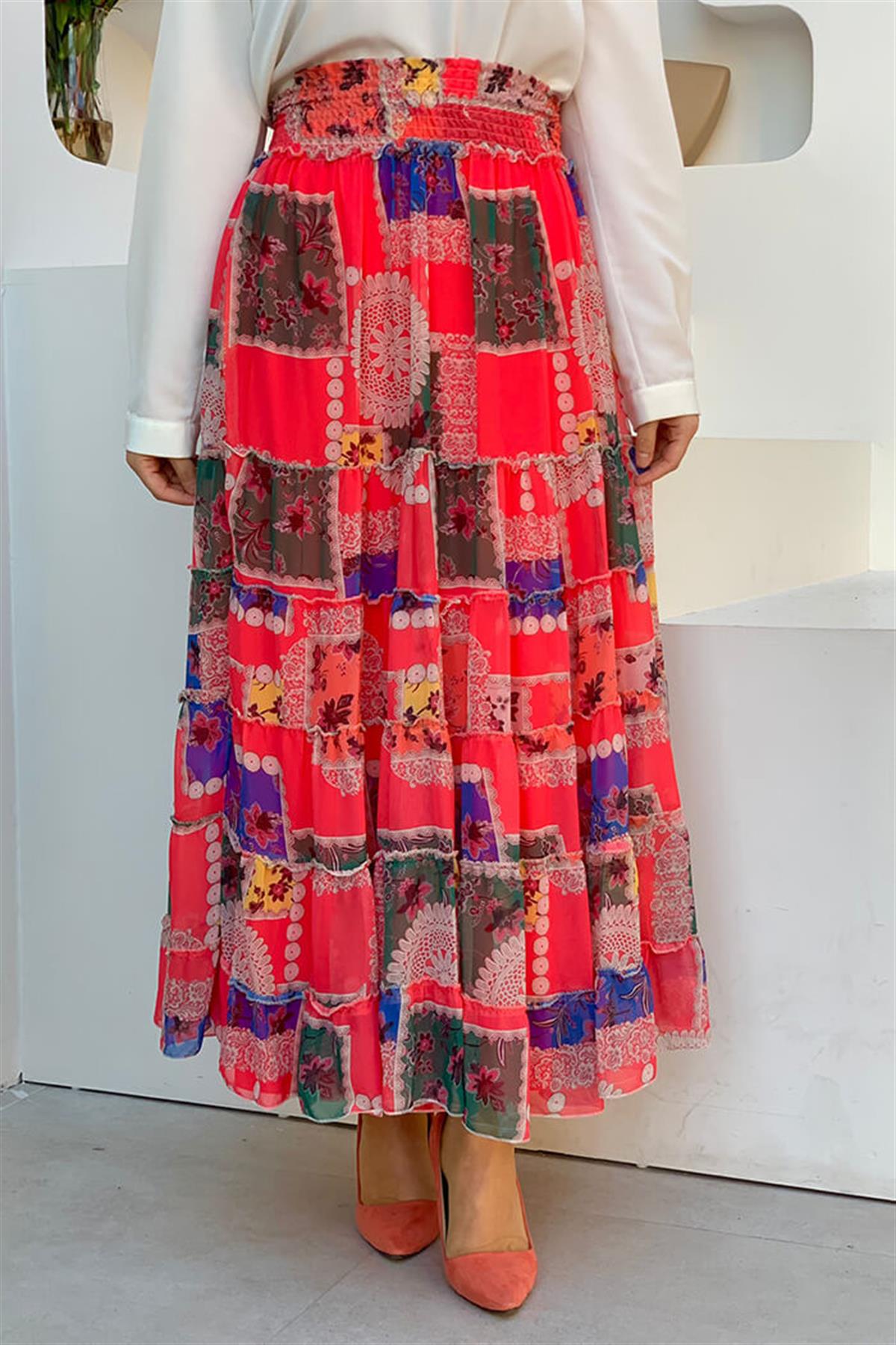 Desenli Şifon Etek Fuşya