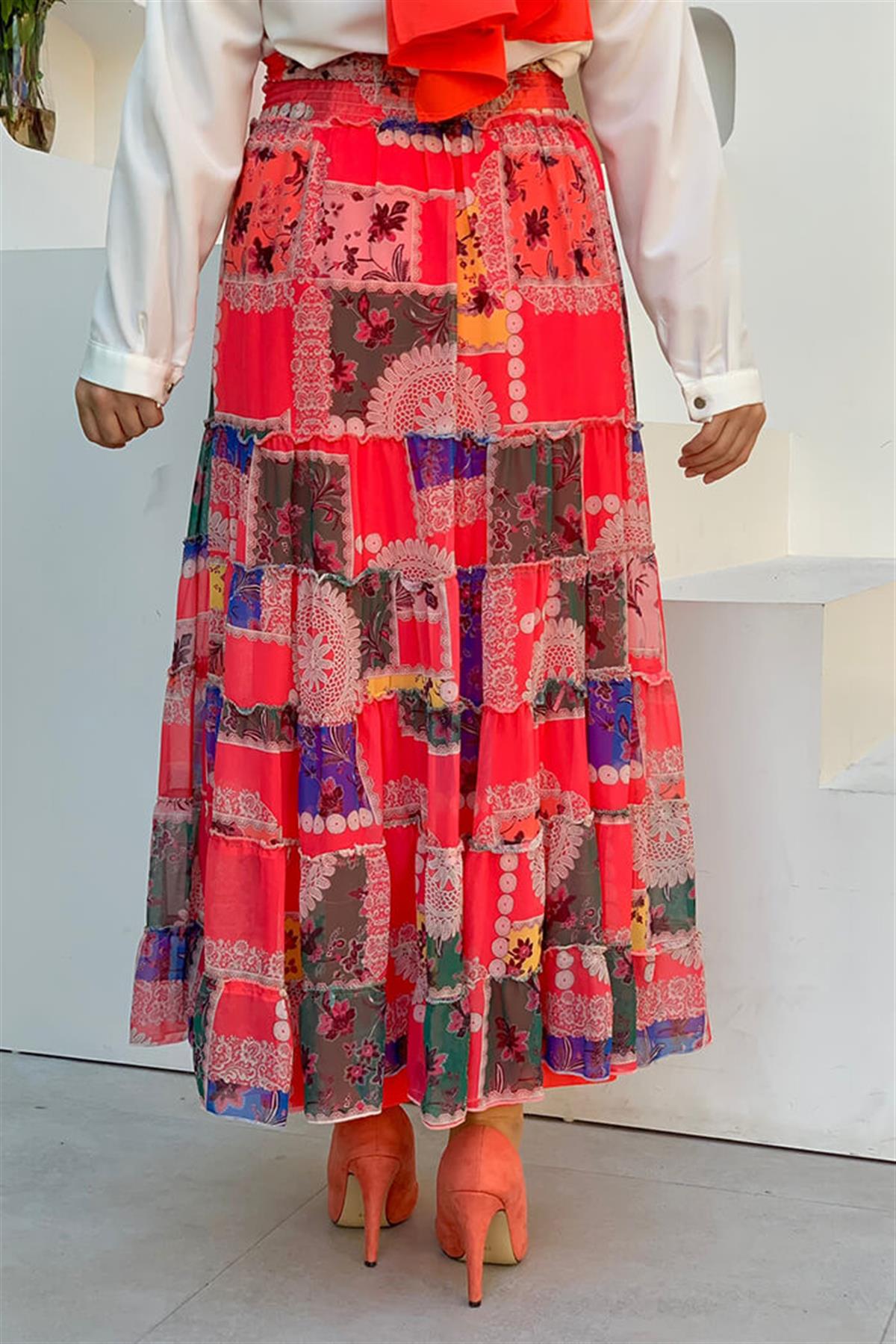 Desenli Şifon Etek Fuşya