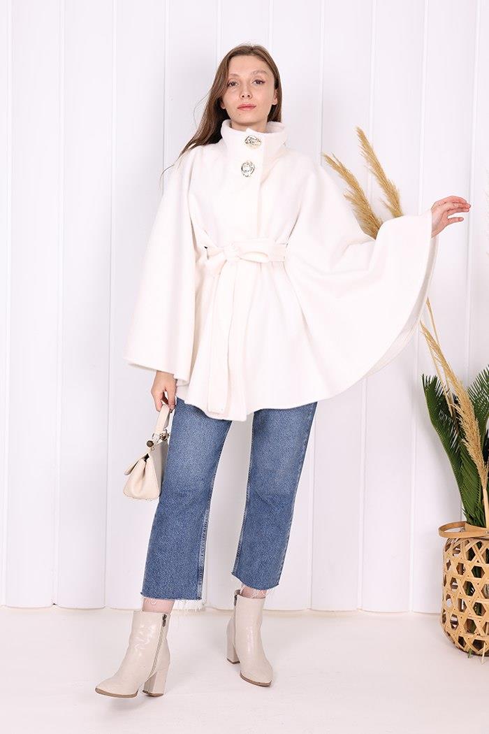 Düğmeli Panço Ekru