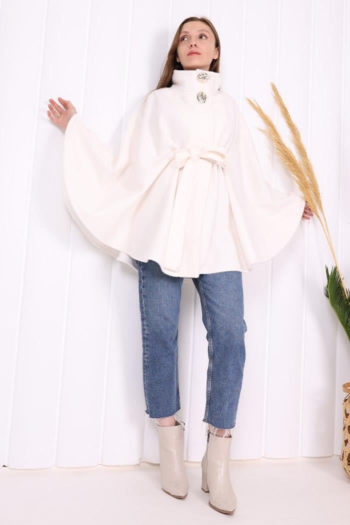 Düğmeli Panço Ekru