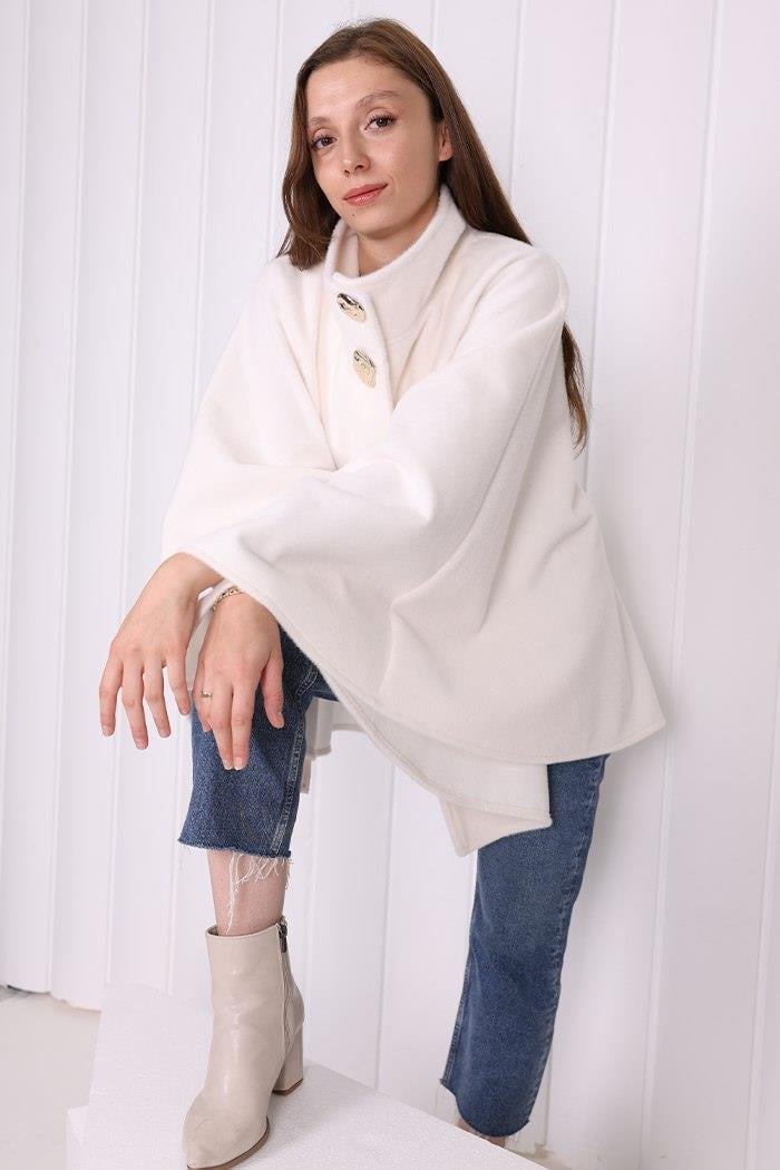 Düğmeli Panço Ekru