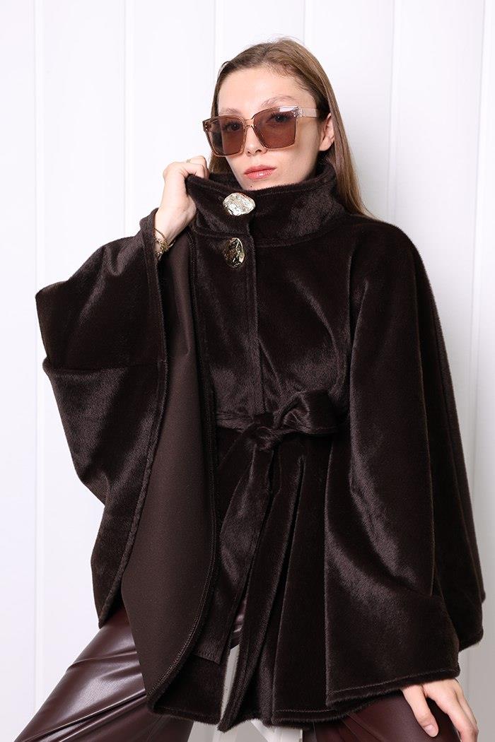 Düğmeli Panço Koyu Kahve