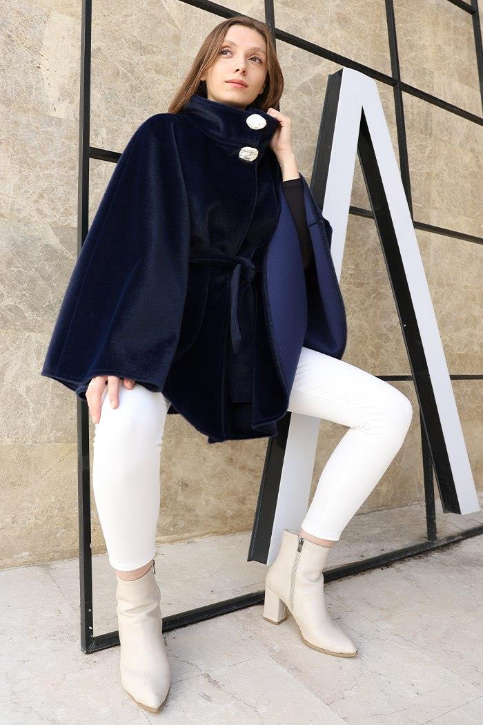 Düğmeli Panço Lacivert