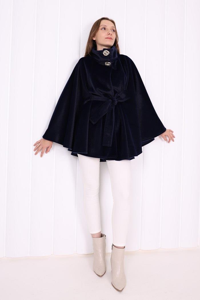 Düğmeli Panço Siyah