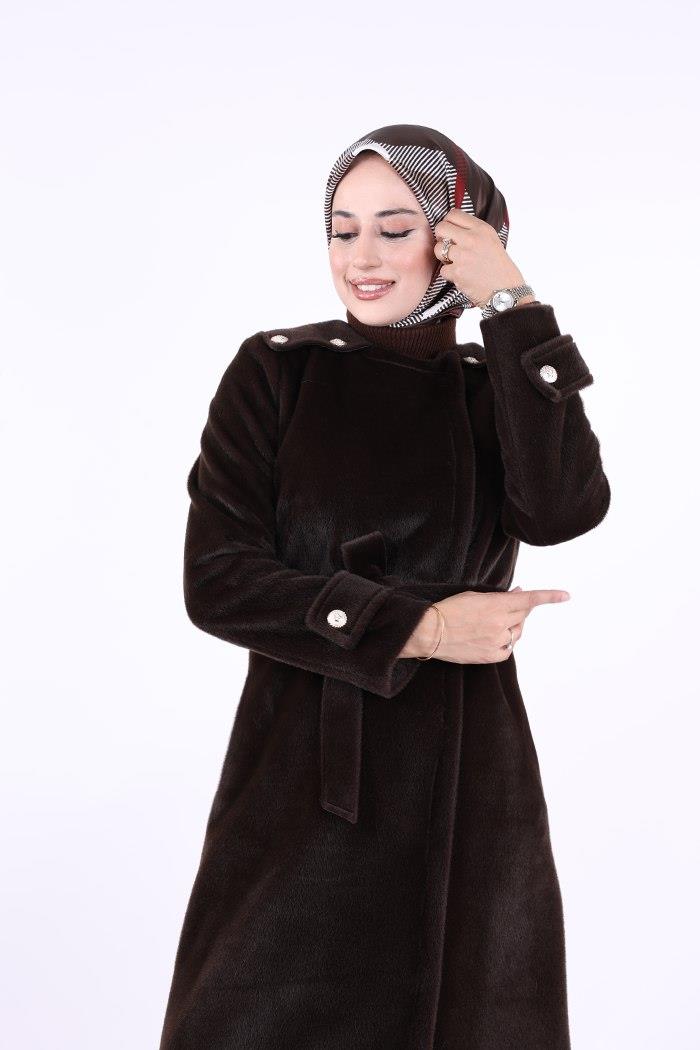 Düğmeli Uzun Kaban Kahverengi