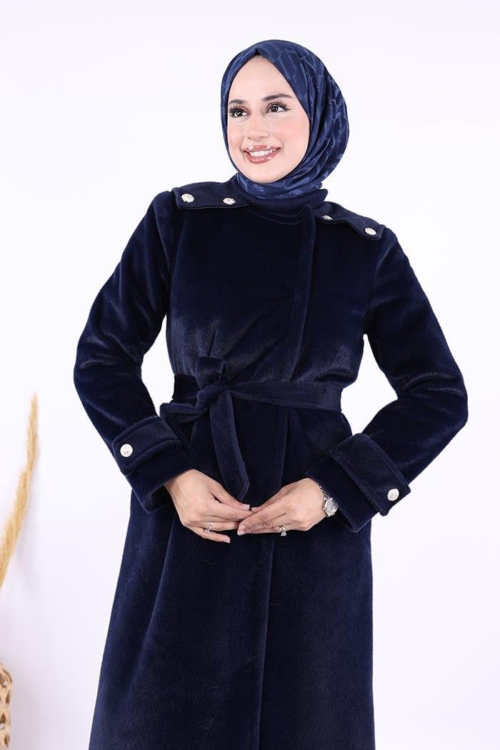 Düğmeli Uzun Kaban Lacivert 
