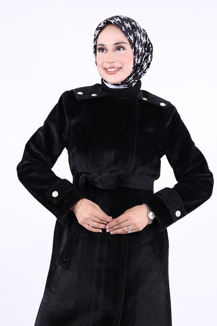 Düğmeli Uzun Kaban Siyah