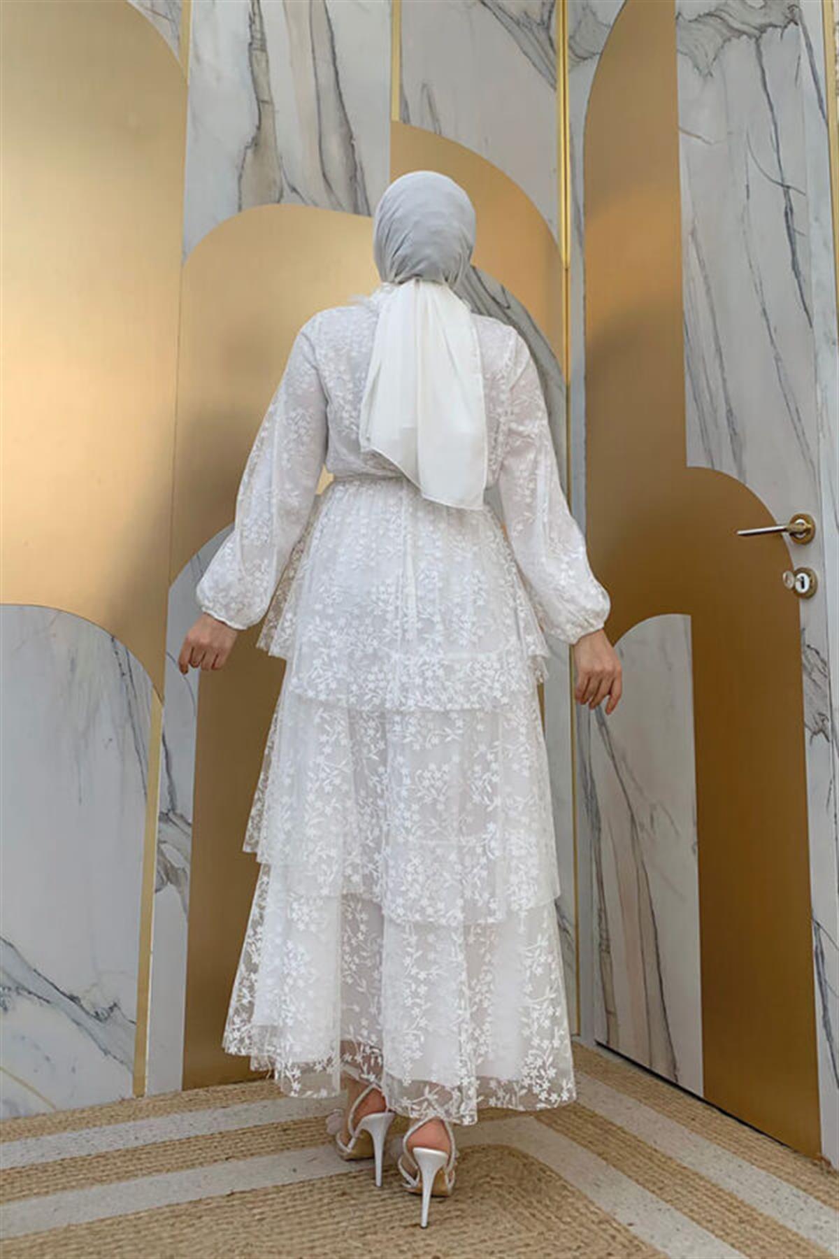 Ekru Dantel Kat Elbise 