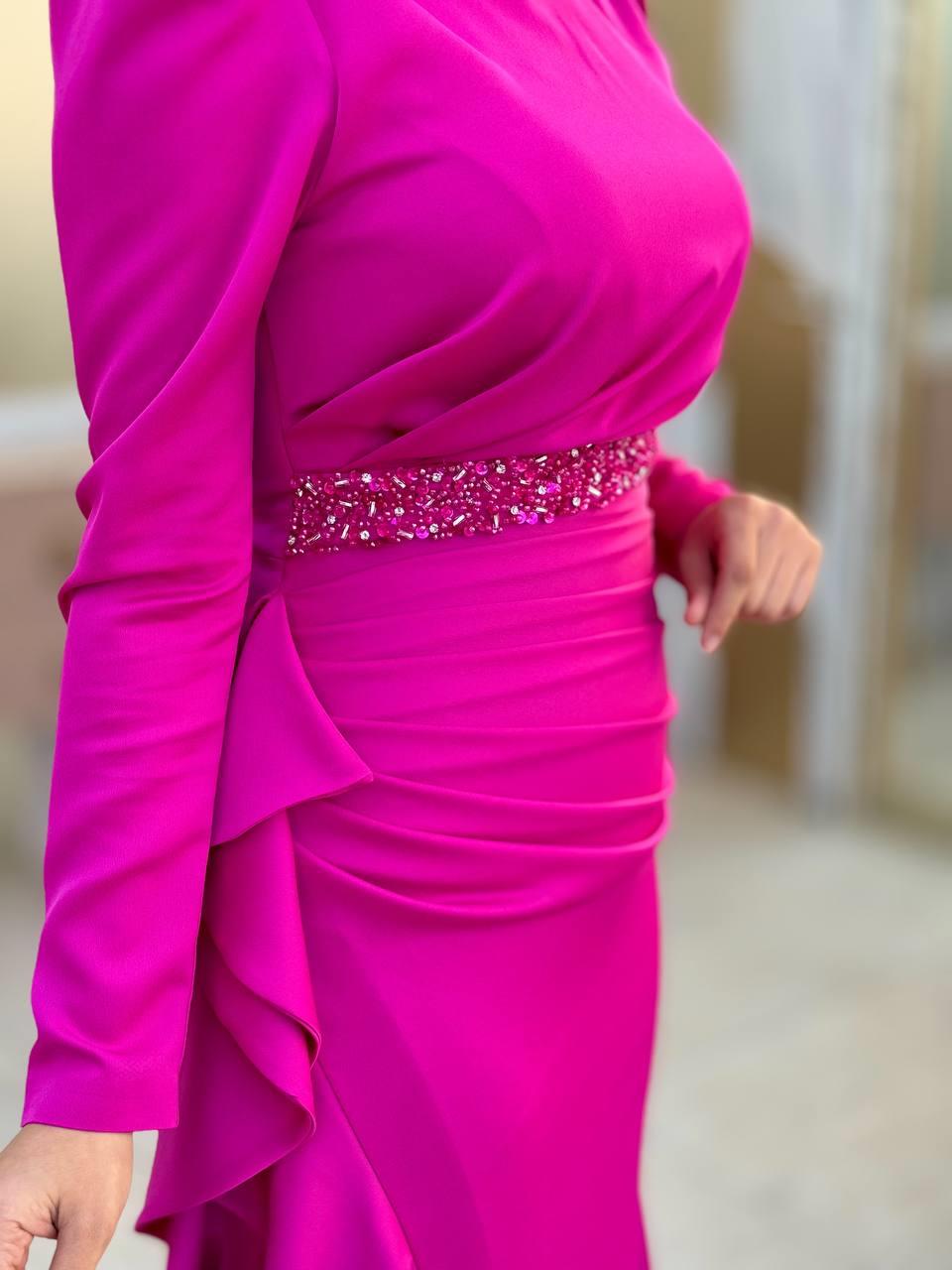 Fırfır Detaylı Abiye Fuşya 