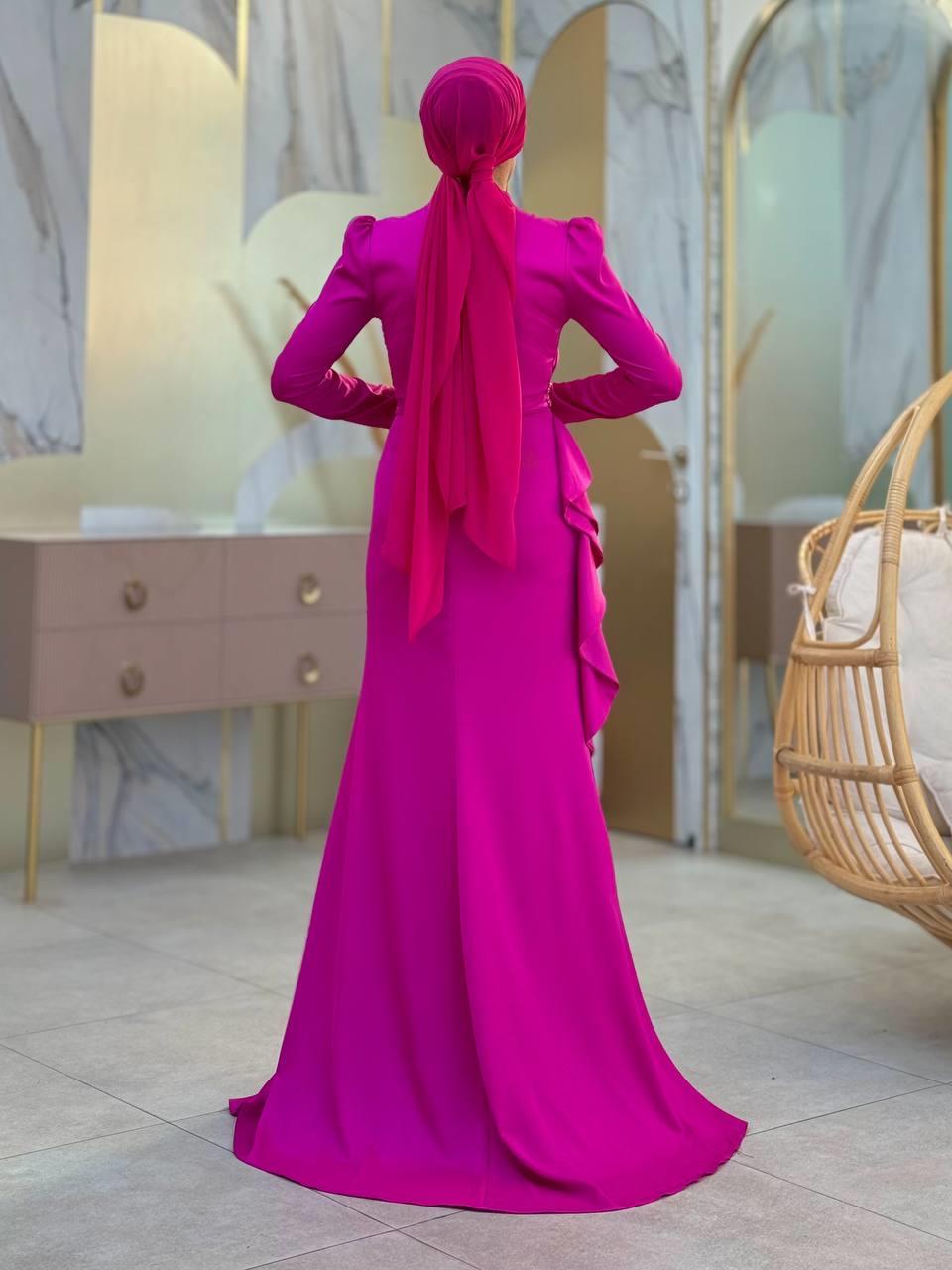 Fırfır Detaylı Abiye Fuşya 