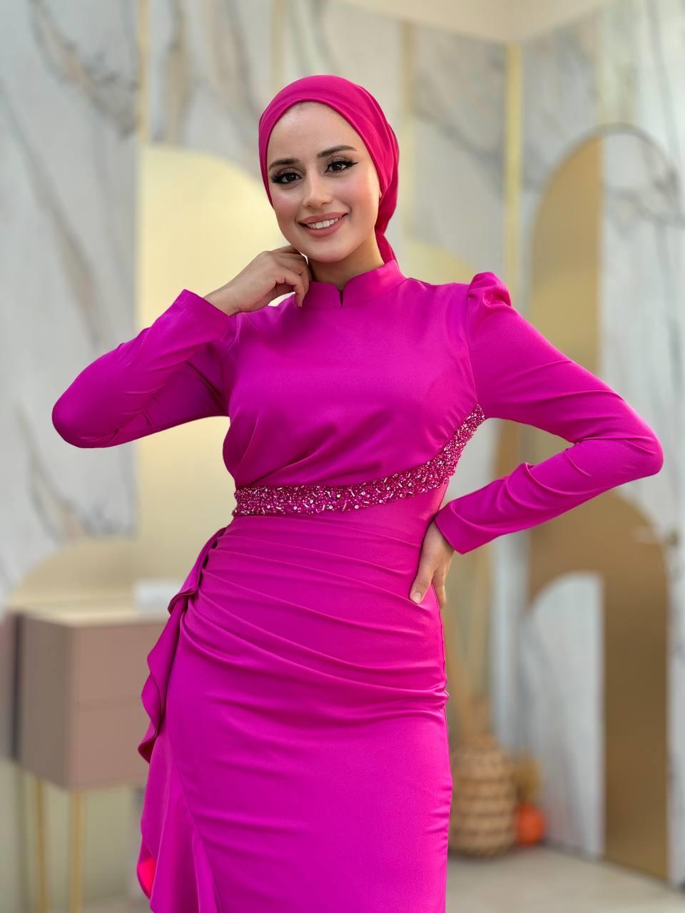 Fırfır Detaylı Abiye Fuşya 