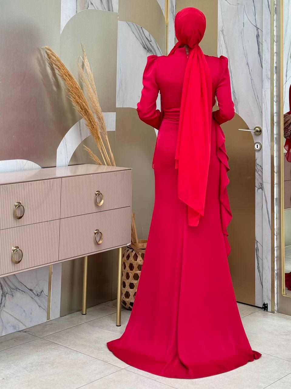 Fırfır Detaylı Abiye Kırmızı 