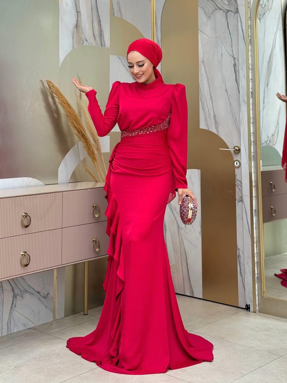 Fırfır Detaylı Abiye Kırmızı 