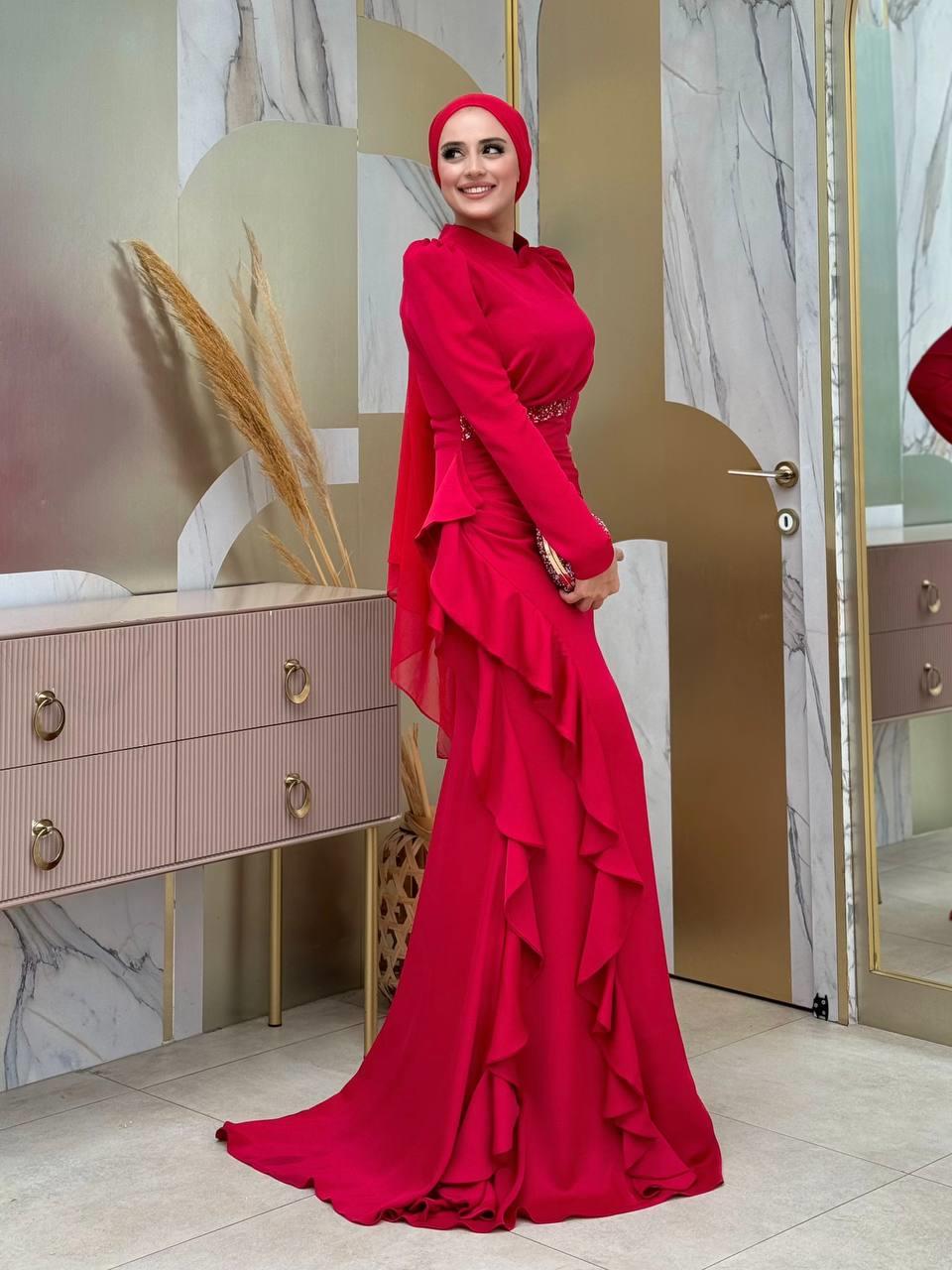 Fırfır Detaylı Abiye Kırmızı 