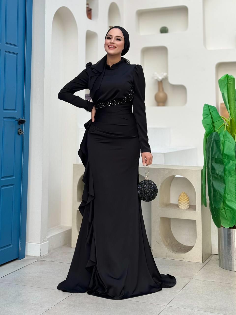 Fırfır Detaylı Abiye Siyah