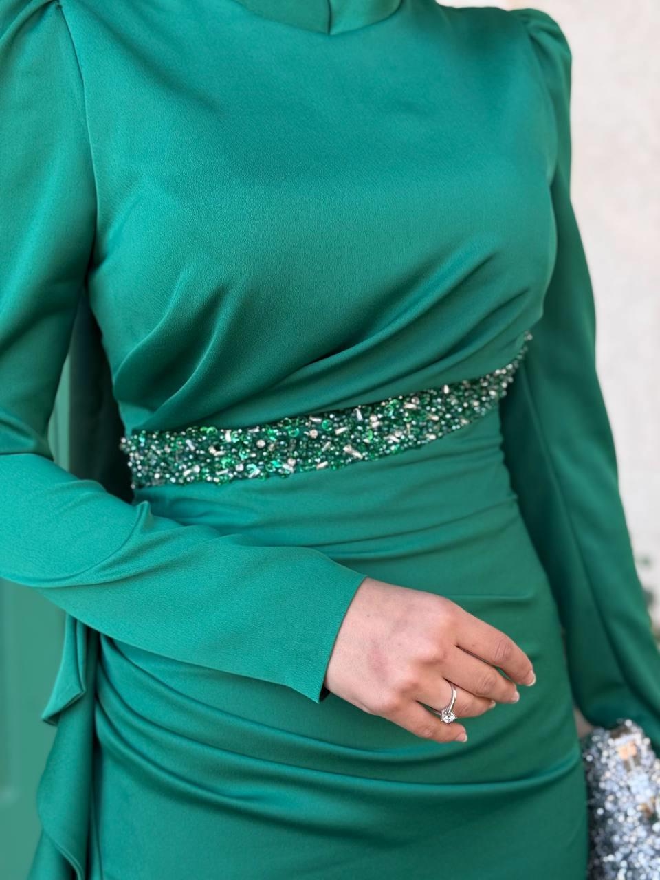 Fırfır Detaylı Abiye Zümrüt