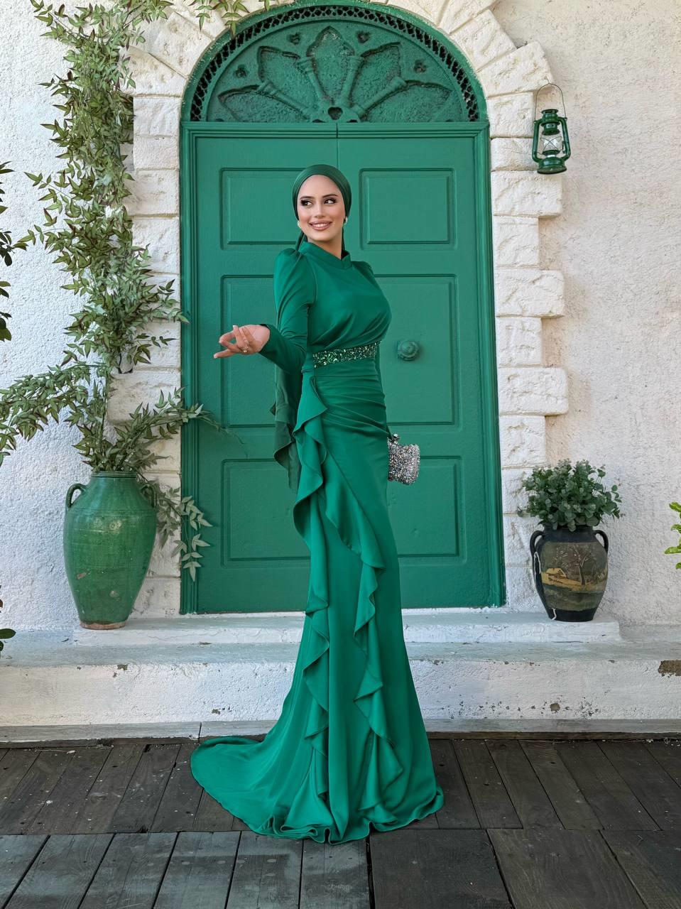 Fırfır Detaylı Abiye Zümrüt